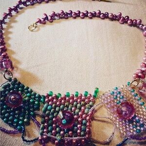 Handcrafted Beaded Necklace - Pink and Green